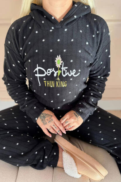 Siyah Positive Desenli Kapşonlu Peluş Polar Pijama Takımı - 5