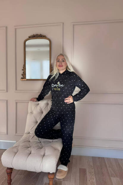 Siyah Positive Desenli Kapşonlu Peluş Polar Pijama Takımı - 6
