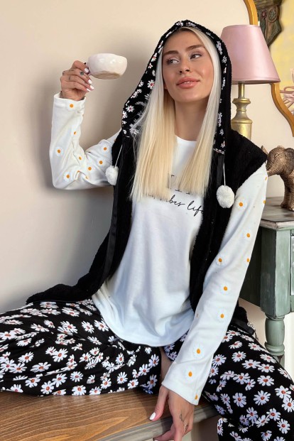 Siyah Positive Mind Desenli Peluş Yelekli Kadın Pijama Takımı - 1