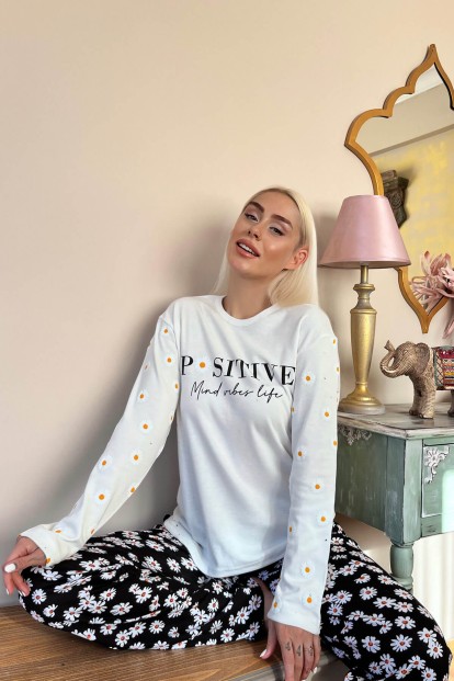 Siyah Positive Mind Desenli Peluş Yelekli Kadın Pijama Takımı - 2