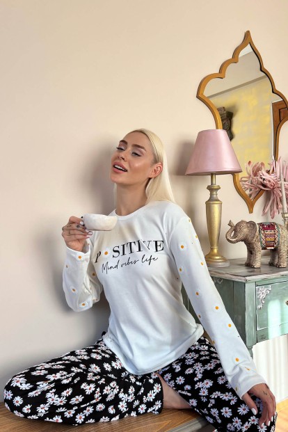 Siyah Positive Mind Desenli Peluş Yelekli Kadın Pijama Takımı - 3