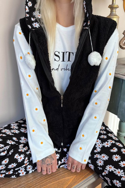 Siyah Positive Mind Desenli Peluş Yelekli Kadın Pijama Takımı - 4