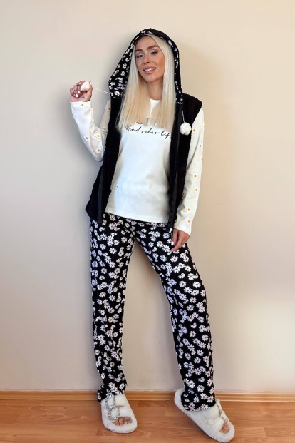 Siyah Positive Mind Desenli Peluş Yelekli Kadın Pijama Takımı - 6