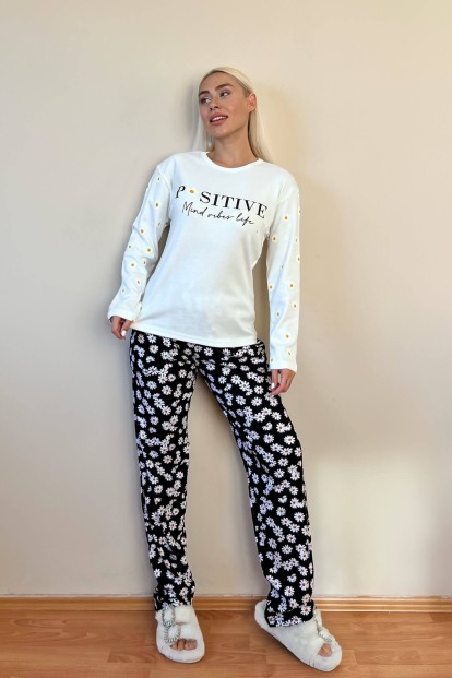 Siyah Positive Mind Desenli Peluş Yelekli Kadın Pijama Takımı - 7