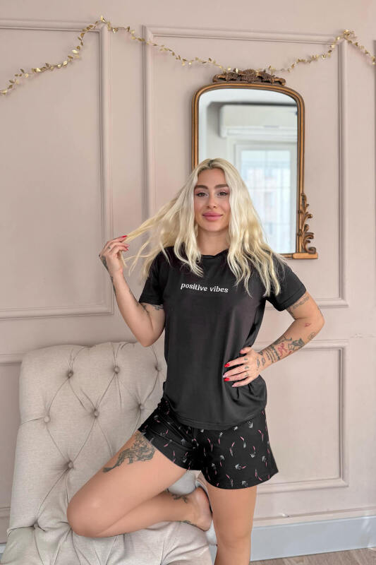Siyah Positive Vibes Desenli Kısa Kollu Şortlu Örme Kadın Pijama Takımı - Pijamaevi (2)