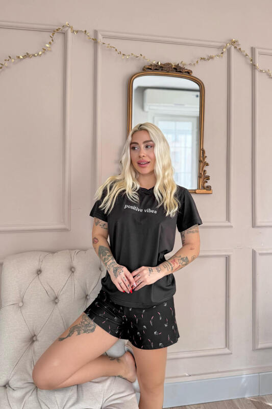 Siyah Positive Vibes Desenli Kısa Kollu Şortlu Örme Kadın Pijama Takımı - Pijamaevi (3)