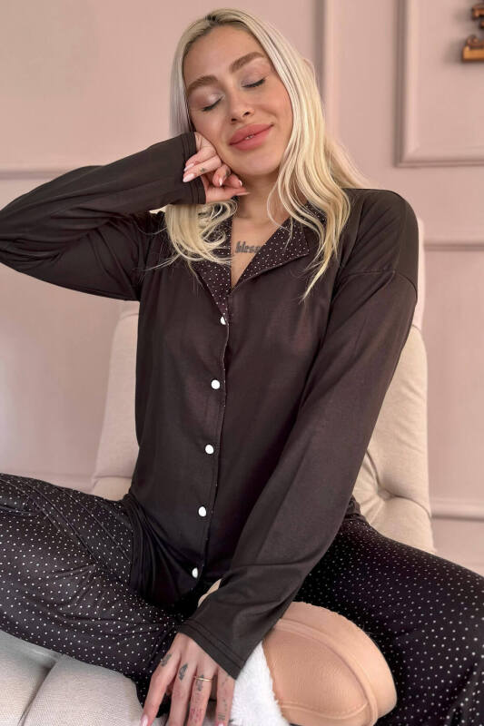Siyah Puan Desenli Bambu Önden Düğmeli Uzun Kol Kadın Pijama Takımı - Pijamaevi