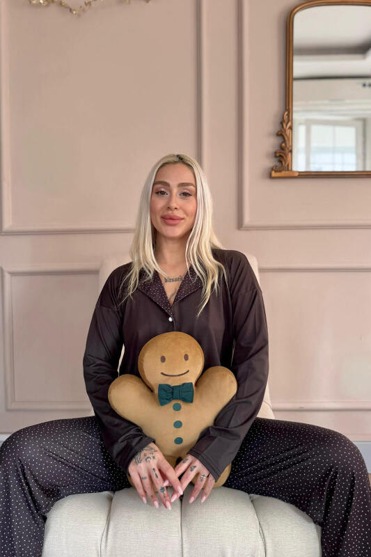 Siyah Puan Desenli Bambu Önden Düğmeli Uzun Kol Kadın Pijama Takımı - Pijamaevi (1)