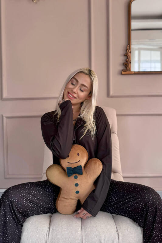 Siyah Puan Desenli Bambu Önden Düğmeli Uzun Kol Kadın Pijama Takımı - Pijamaevi (2)