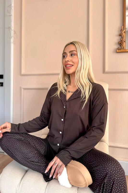 Siyah Puan Desenli Bambu Önden Düğmeli Uzun Kol Kadın Pijama Takımı - Pijamaevi (3)