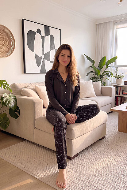 Siyah Puan Desenli Bambu Önden Düğmeli Uzun Kol Kadın Pijama Takımı - 5