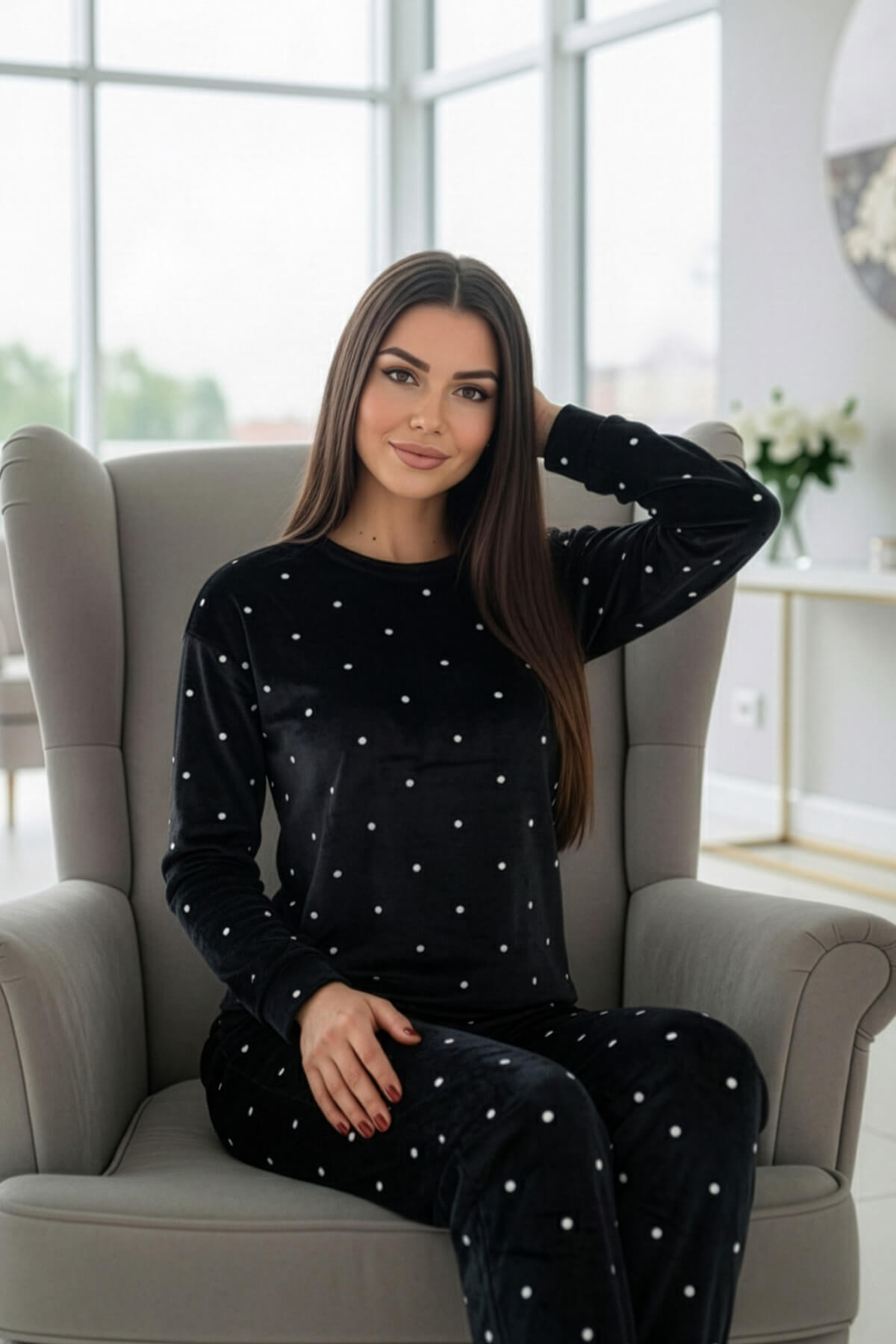 Siyah Puan Desenli Veloura Soft Kadın Pijama Takımı  - Pijamaevi (1)