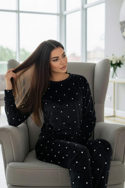 Siyah Puan Desenli Veloura Soft Kadın Pijama Takımı  - 3