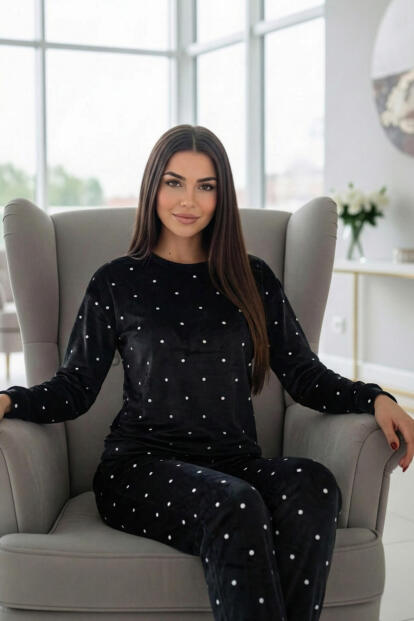 Siyah Puan Desenli Veloura Soft Kadın Pijama Takımı  - 4