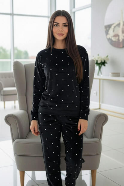 Siyah Puan Desenli Veloura Soft Kadın Pijama Takımı  - 5