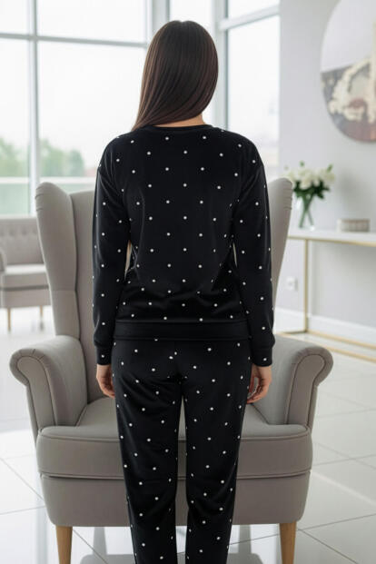 Siyah Puan Desenli Veloura Soft Kadın Pijama Takımı  - 6