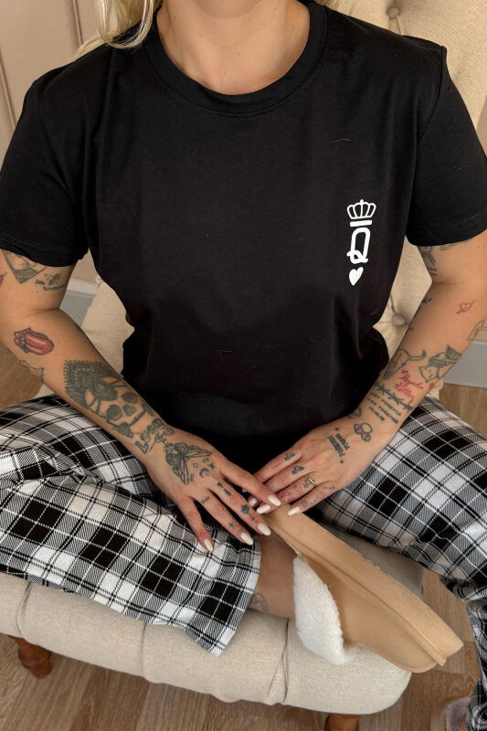 Siyah Queen Kısa Kol Sevgili Aile Pijaması - Kadın Takımı - Pijamaevi (3)