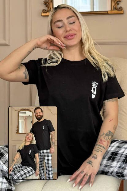 Siyah Queen Kısa Kol Sevgili Aile Pijaması - Kadın Takımı - 8