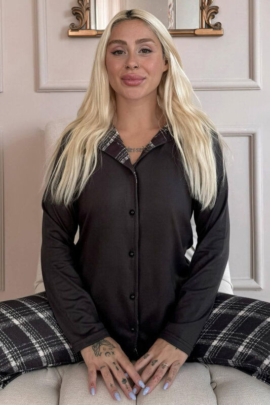 Siyah Rutete Desenli Termal Önden Düğmeli Kadın Pijama Takımı - Pijamaevi