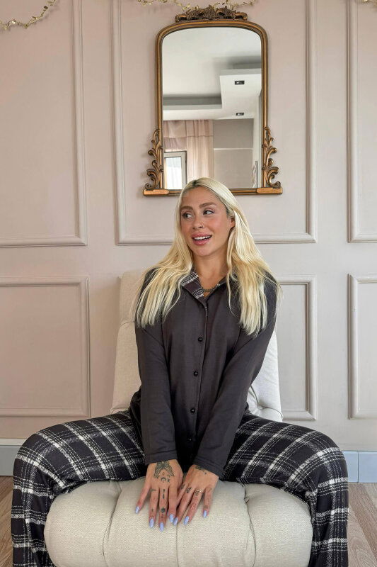 Siyah Rutete Desenli Termal Önden Düğmeli Kadın Pijama Takımı - Pijamaevi (2)