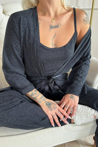 Siyah Sabahlıklı Bambu Kadın Pijama Takımı - 5