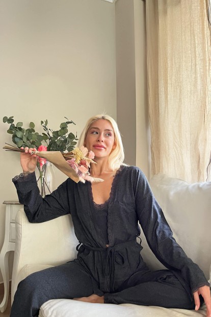 Siyah Sabahlıklı Crop Bambu Kadın Pijama Takımı - 2