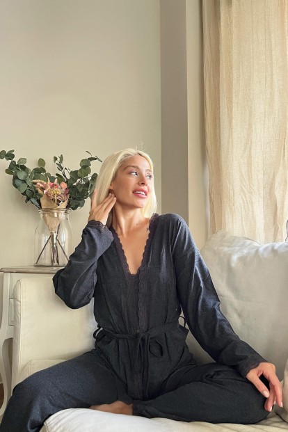 Siyah Sabahlıklı Crop Bambu Kadın Pijama Takımı - 3
