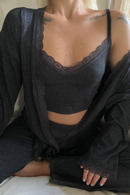 Siyah Sabahlıklı Crop Bambu Kadın Pijama Takımı - 4