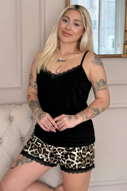 Siyah Savage Chic Set Exclusive Örme Dantel Askılı Kadın Pijama Takımı - 1