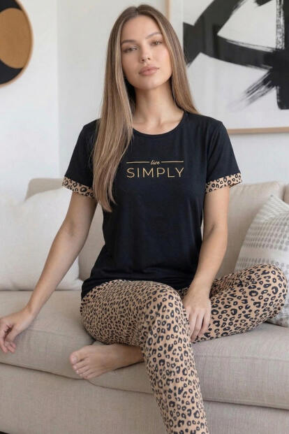 Siyah Simply Desenli Bambu Kısa Kol Kadın Pijama Takımı - 2
