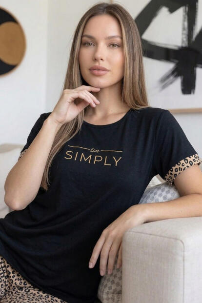 Siyah Simply Desenli Bambu Kısa Kol Kadın Pijama Takımı - 5