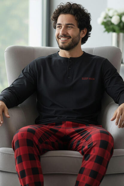 Siyah Sleep Man Desenli Stylish Erkek Uzun Kol Pijama Takımı 