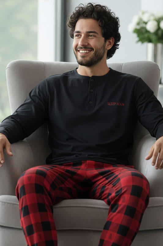 Siyah Sleep Man Desenli Stylish Erkek Uzun Kol Pijama Takımı - Pijamaevi