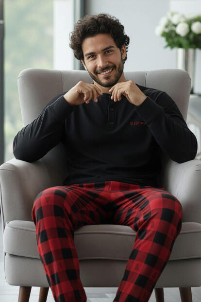 Siyah Sleep Man Desenli Stylish Erkek Uzun Kol Pijama Takımı - 2