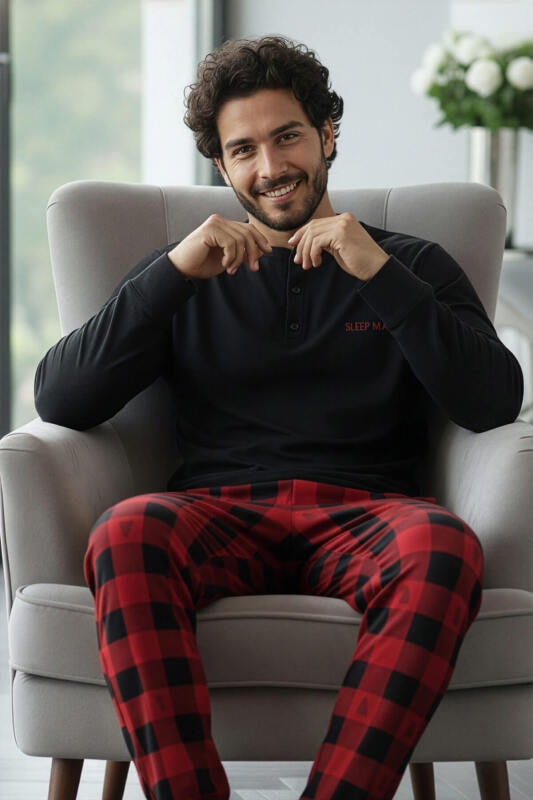 Siyah Sleep Man Desenli Stylish Erkek Uzun Kol Pijama Takımı - Pijamaevi (1)