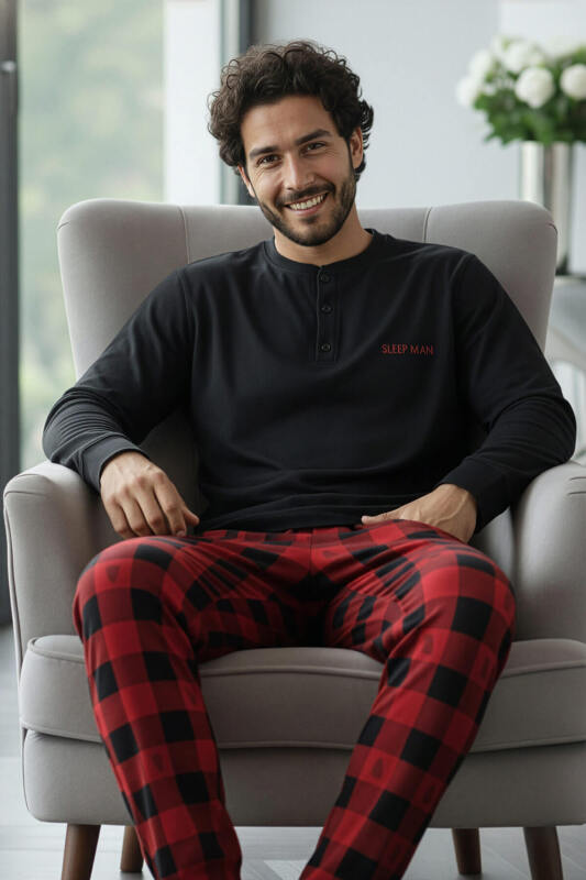 Siyah Sleep Man Desenli Stylish Erkek Uzun Kol Pijama Takımı - Pijamaevi (2)