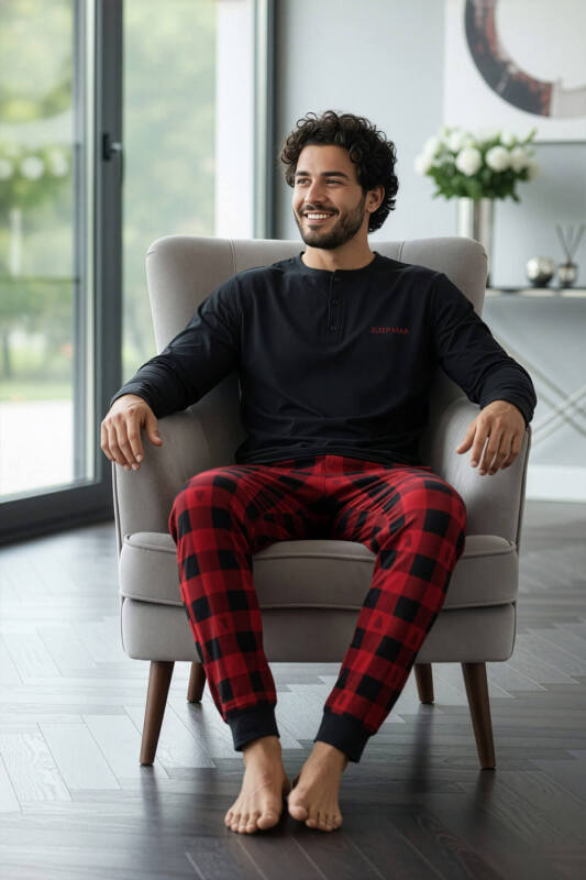 Siyah Sleep Man Desenli Stylish Erkek Uzun Kol Pijama Takımı - Pijamaevi (3)