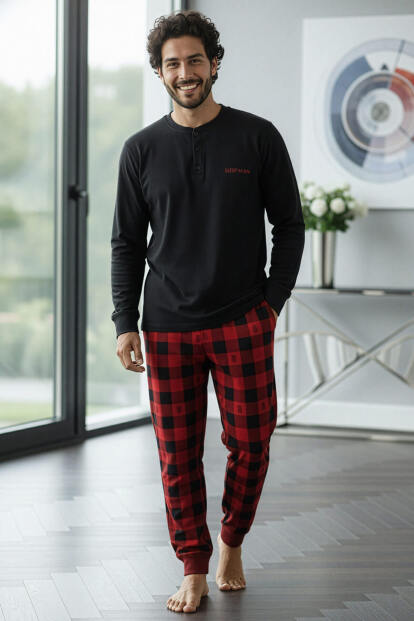 Siyah Sleep Man Desenli Stylish Erkek Uzun Kol Pijama Takımı - 5