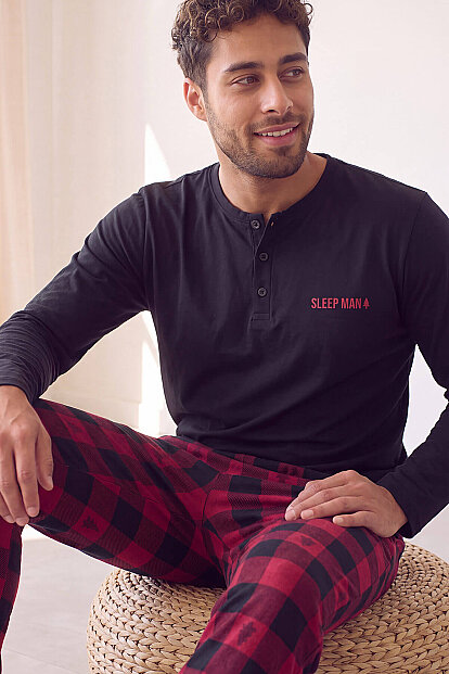 Siyah Sleep Man Desenli Stylish Erkek Uzun Kol Pijama Takımı 