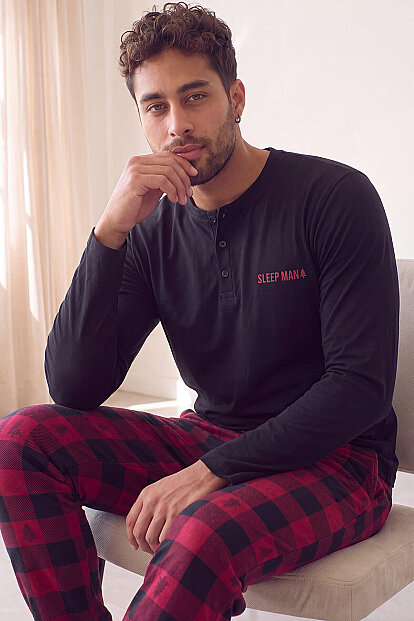 Siyah Sleep Man Desenli Stylish Erkek Uzun Kol Pijama Takımı - 2