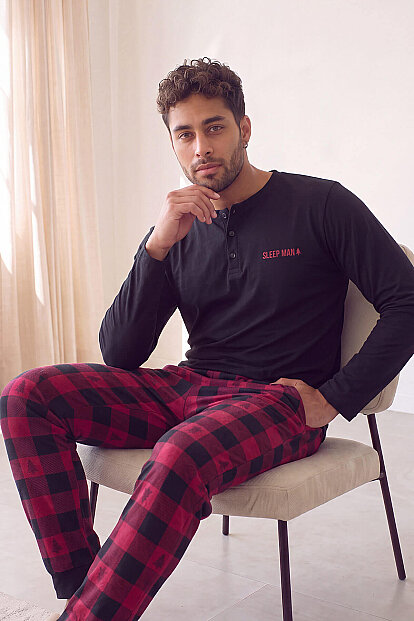 Siyah Sleep Man Desenli Stylish Erkek Uzun Kol Pijama Takımı - 3