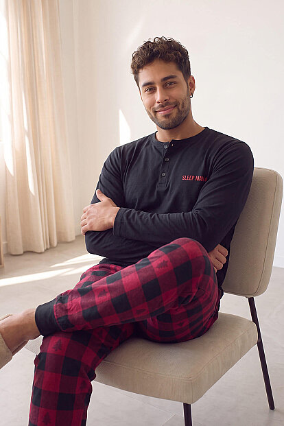 Siyah Sleep Man Desenli Stylish Erkek Uzun Kol Pijama Takımı - 4