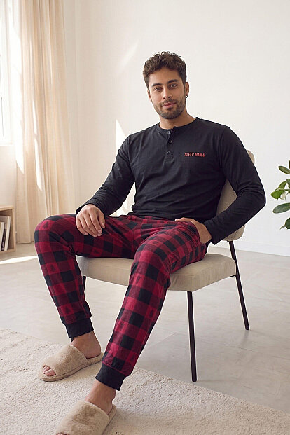 Siyah Sleep Man Desenli Stylish Erkek Uzun Kol Pijama Takımı - 5
