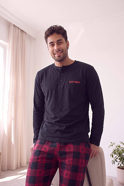 Siyah Sleep Man Desenli Stylish Erkek Uzun Kol Pijama Takımı - 6