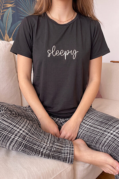 Siyah Sleepy Desenli Kısa Kollu Kadın Pijama Takımı - 5