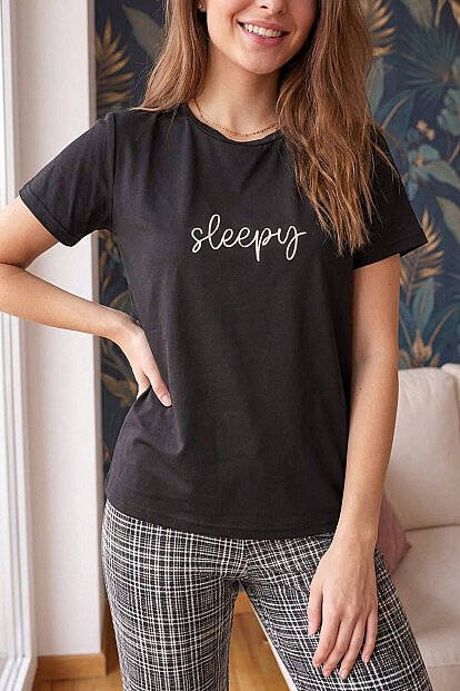 Siyah Sleepy Desenli Kısa Kollu Kadın Pijama Takımı - 7