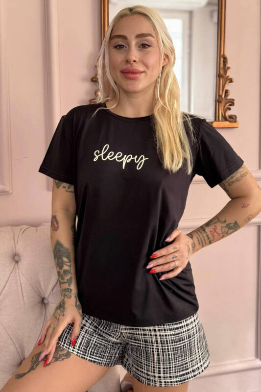 Siyah Sleepy Desenli Kısa Kollu Şortlu Örme Kadın Pijama Takımı - Pijamaevi