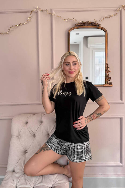 Siyah Sleepy Desenli Kısa Kollu Şortlu Örme Kadın Pijama Takımı - Pijamaevi (2)