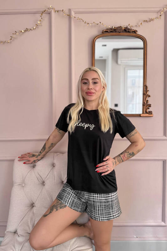 Siyah Sleepy Desenli Kısa Kollu Şortlu Örme Kadın Pijama Takımı - Pijamaevi (3)