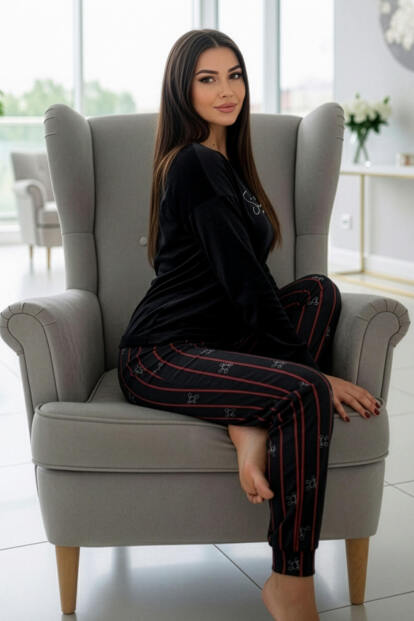Siyah Smile Desenli Exclusive Kadife Kadın Pijama Takımı - 3